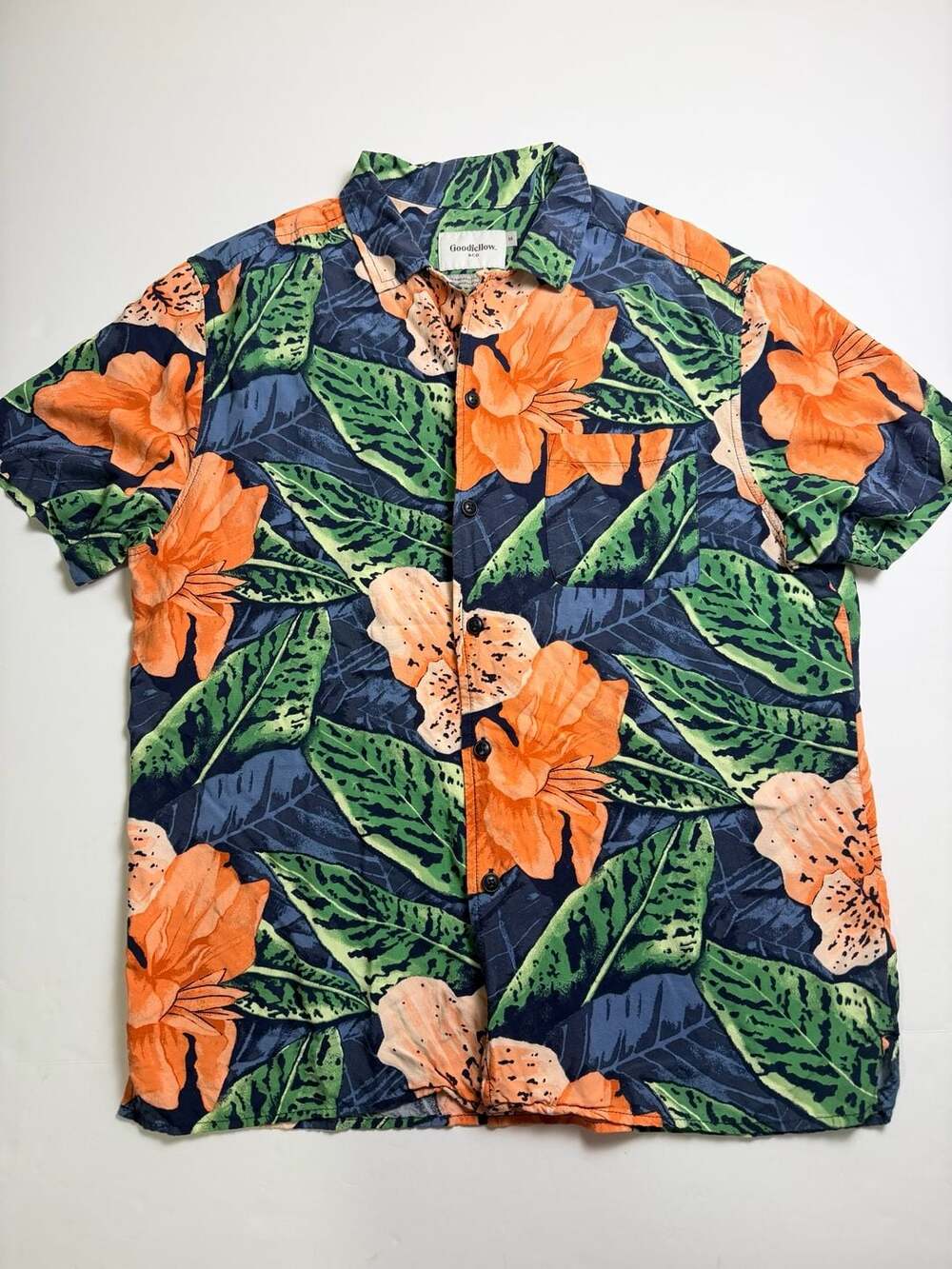 Goodfellow & Co Mens Medium Short Sleeve Button Down Shirt Floral Rayon Melonade